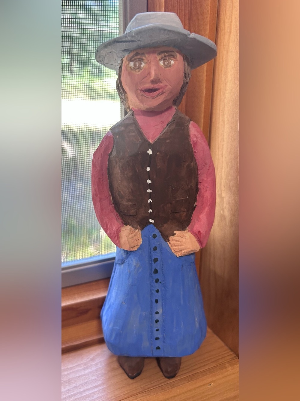 Hand-Carved Folk Art Woman Figurine - Blue Skirt Pink Sleeves